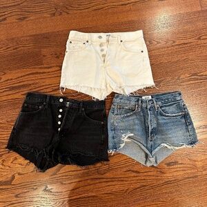 3 pairs of Agolde Parker cut-off jean shorts, size: 24 (blue, white, and black)